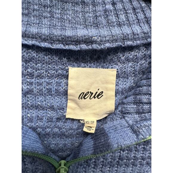 Aerie Blue Half Zip Waffle Knit Sweater XS โ Cozy Chunky Collared Pullover - Picture 5 of 10